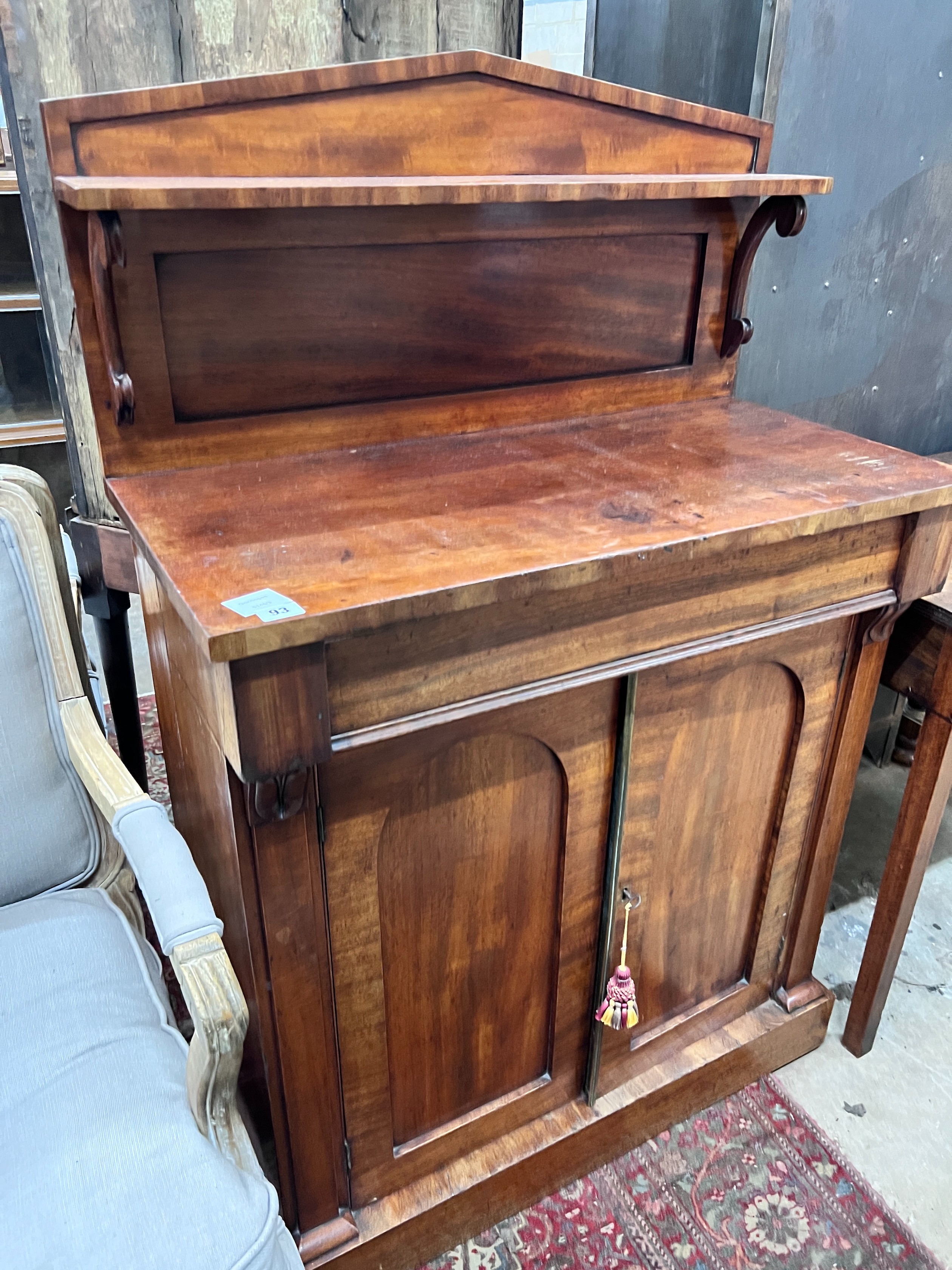 A Victorian mahogany chiffonier, length 81cm, depth 41cm, height 125cm *Please note the sale commences at 9am.